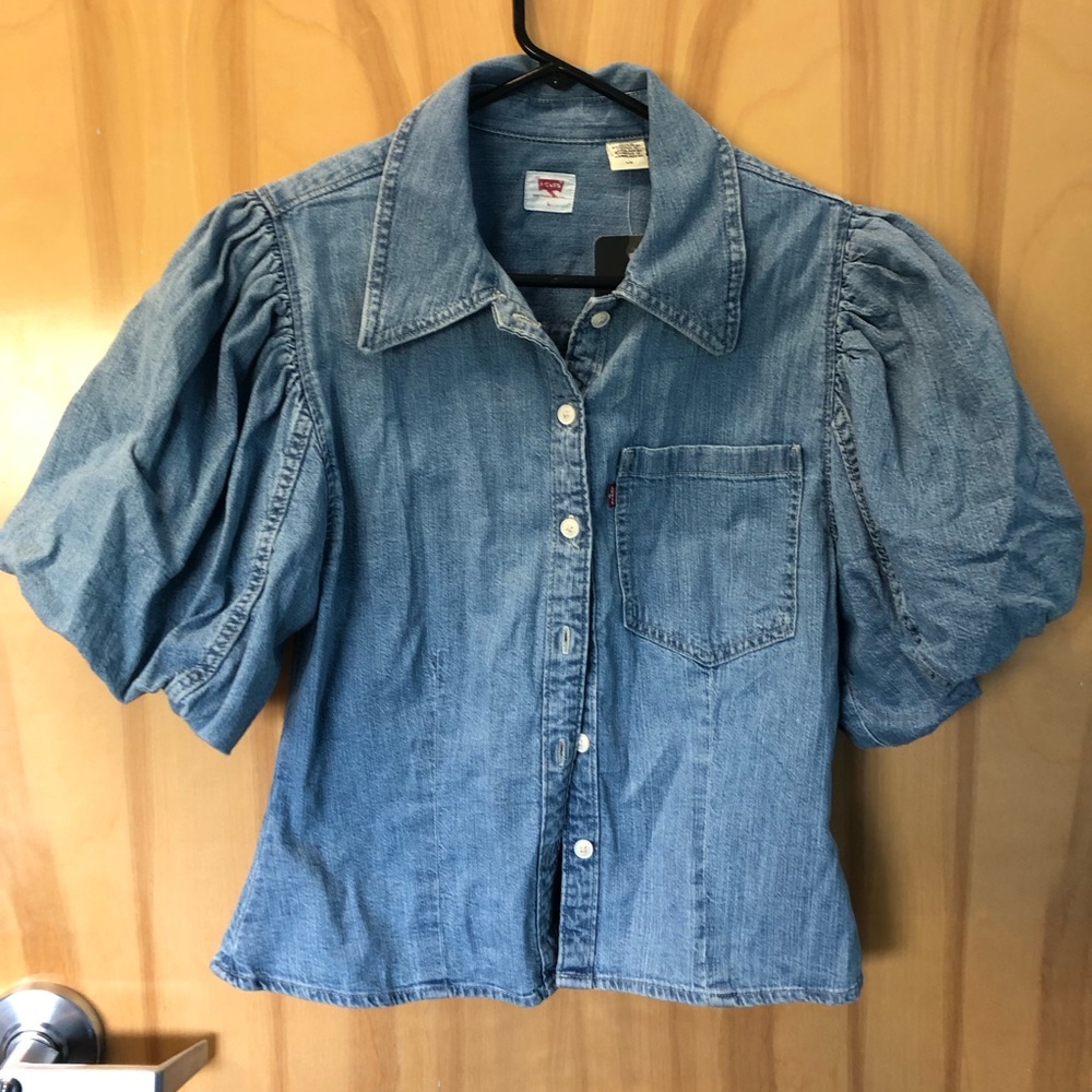 Levi's Denim Puff Sleeve Button-Up Shirt - Light Blue new w tags